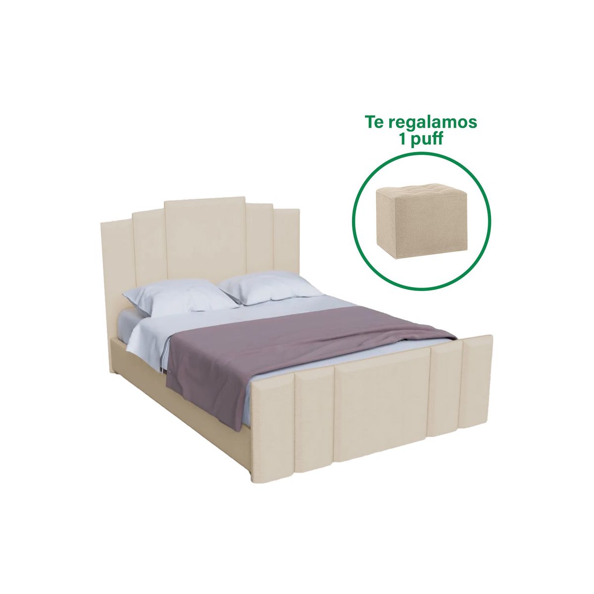 MUEBLES MACRUMO - Cama tapizada Premium Kena Beige 1.5 Plz Personaliza el color + puff gratis
