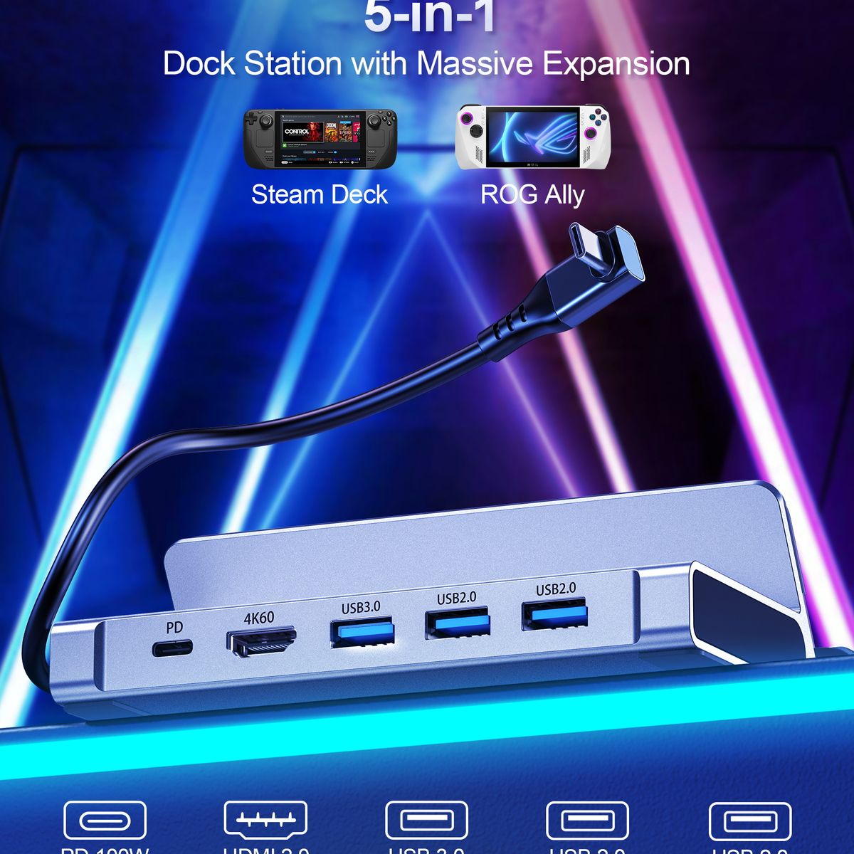 CHOETECH - Docking Station USB-C 5 en 1 HUB Gaming HDMI 4K 60Hz 100W Steam Deck