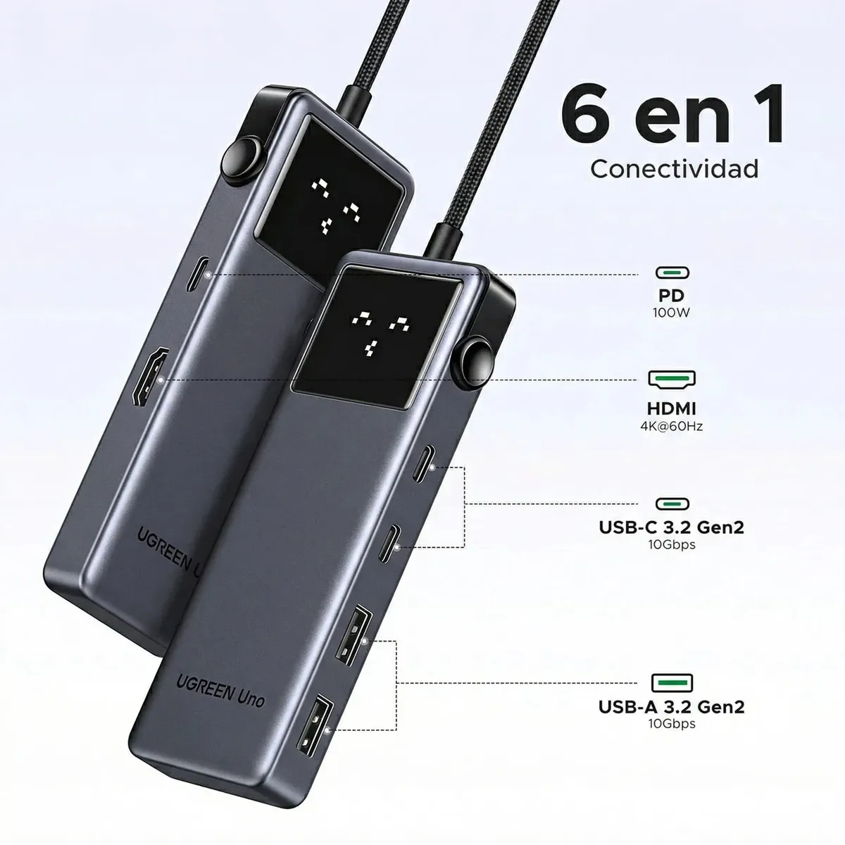 UGREEN - Adaptador Hub 6 En 1 Multi Puertos 10Gbps HDMI 4K@60Hz USB-C USB-A Para Laptop MacBook iPad
