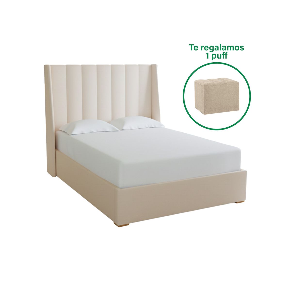 MUEBLES MACRUMO - Cama tapizada Premium Praga Beige - Queen - Personaliza el color + puff gratis
