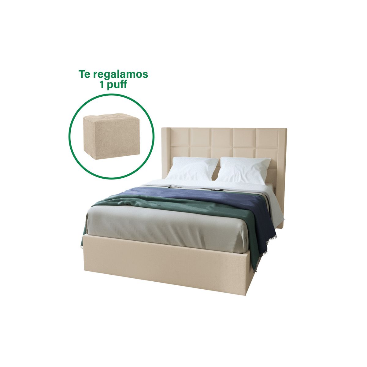 MUEBLES MACRUMO - Cama tapizada Miki + cabecera con bastones - 2plz - Personaliza el color + puff gratis