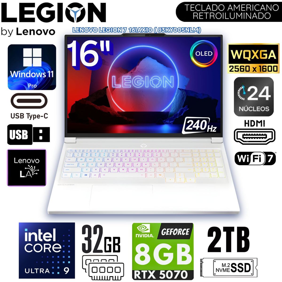 LENOVO - Laptop Lenovo Legion 7 16IAX10 Intel Core Ultra 9 32GB RAM 2TB SSD RTX 5070-8GB 16" OLED WQXGA - 83KY005NLM
