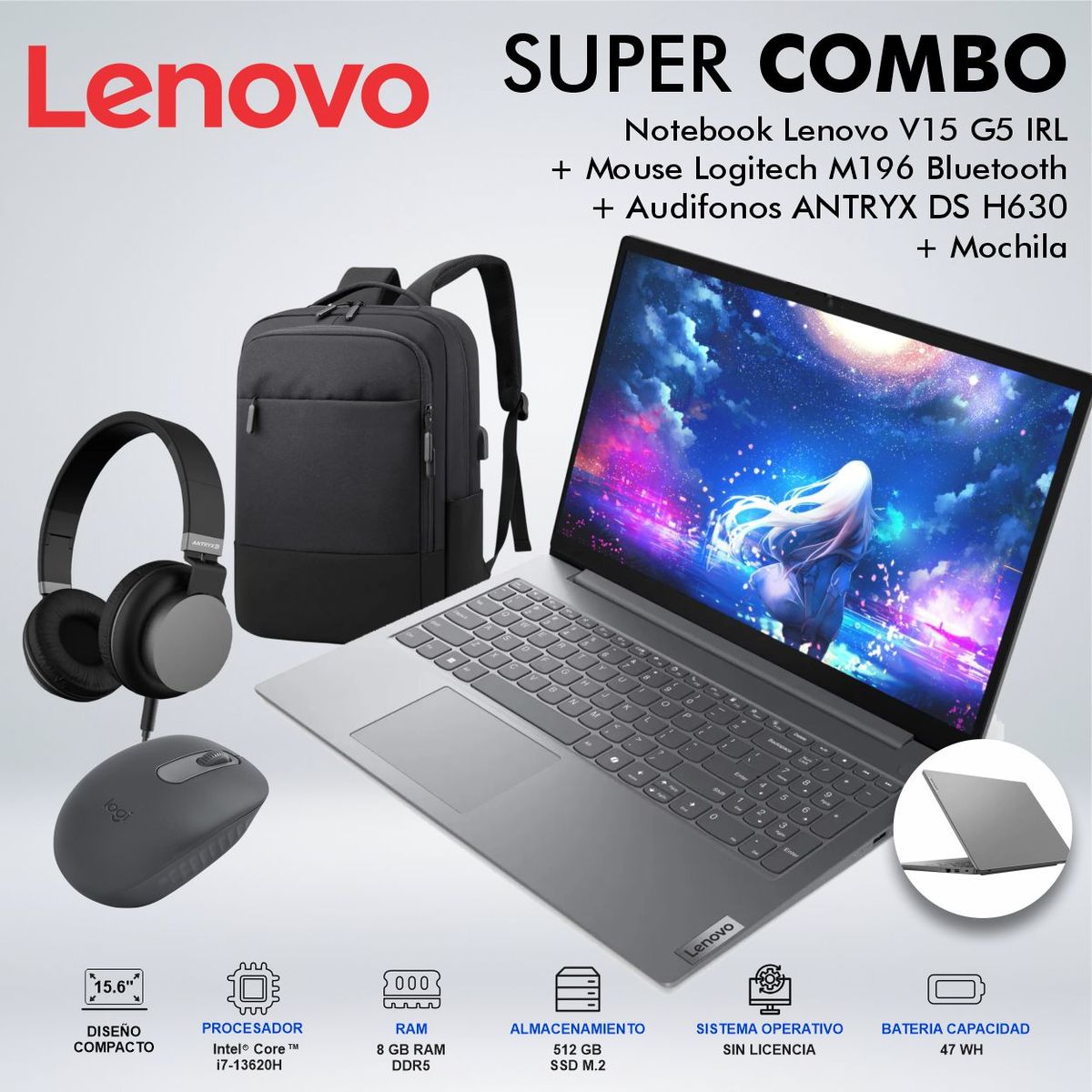 LENOVO - LAPTOP LENOVO V15 G5 IRL INTEL CORE i7 13620H MEMORIA 8GB DDR5 DISCO 512GB SSD M2