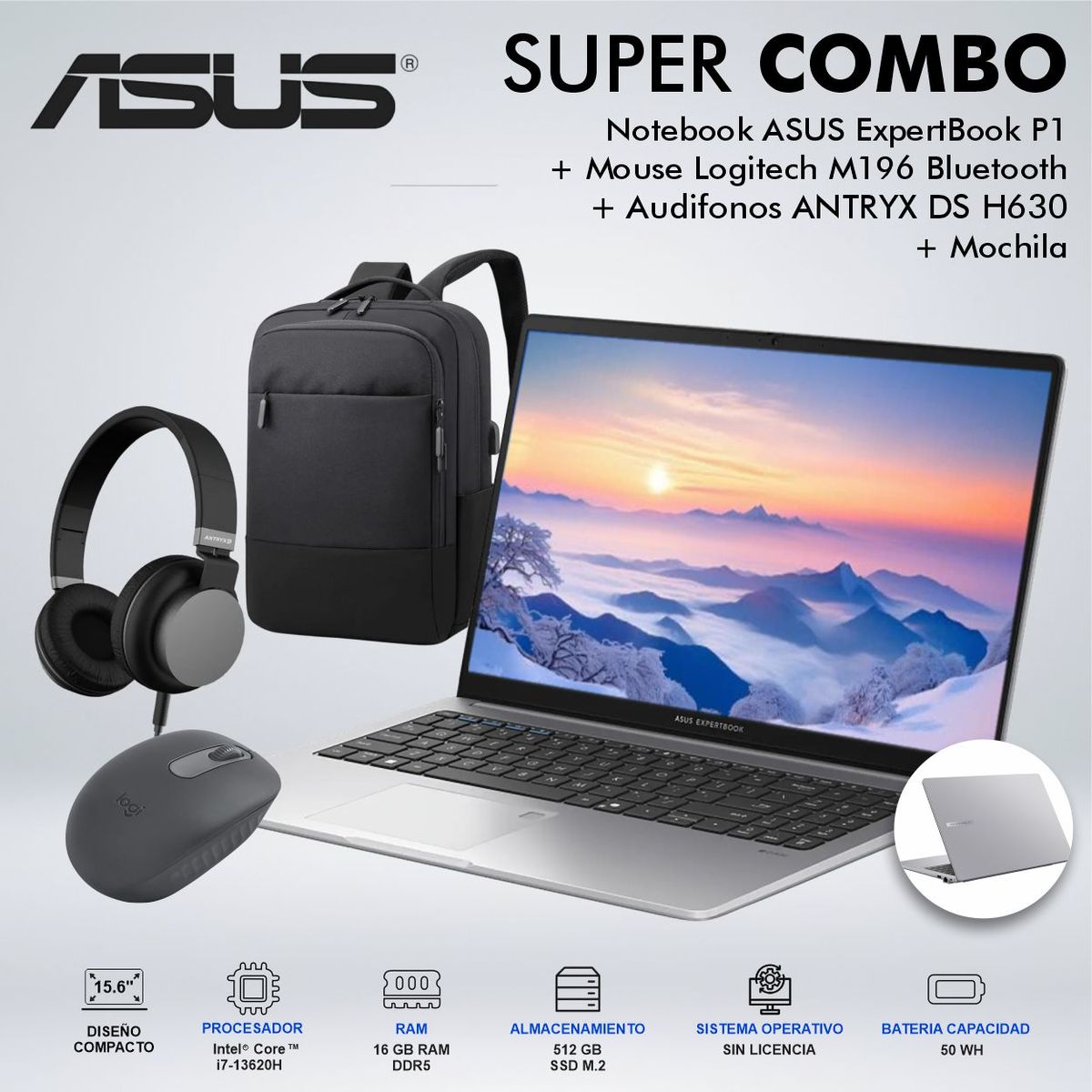 ASUS - LAPTOP ASUS EXPERTBOOK P1 INTEL CORE i7 13620H MEMORIA 16GB DDR5 DISCO 512GB SSD M2