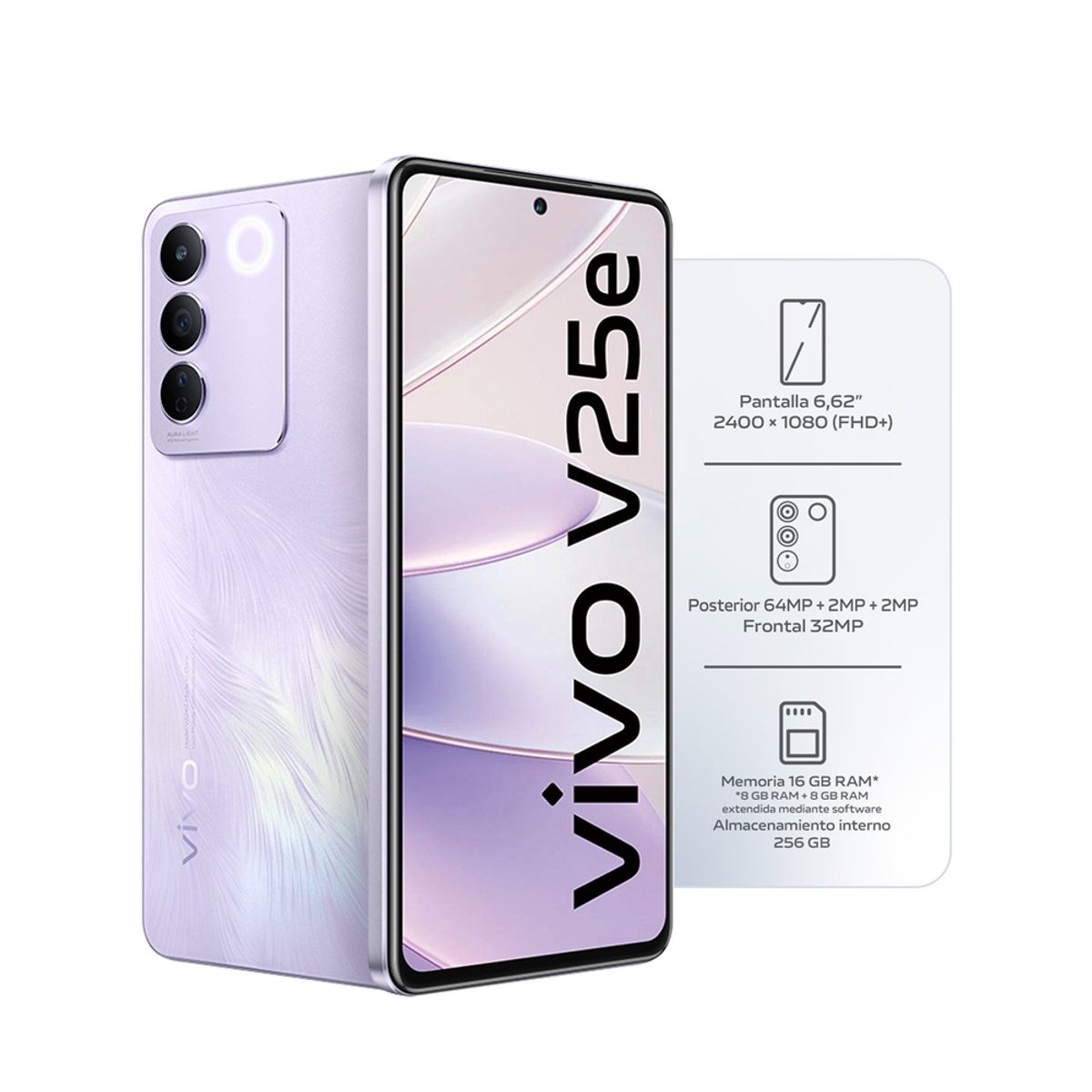 VIVO - SMARTPHONE VIVO V25e  16GB RAM (8GB+ 8GB ext) +256GB ROM/ AMOLED 120hz / IP54/ FCHAR 66w/  VIOLETA