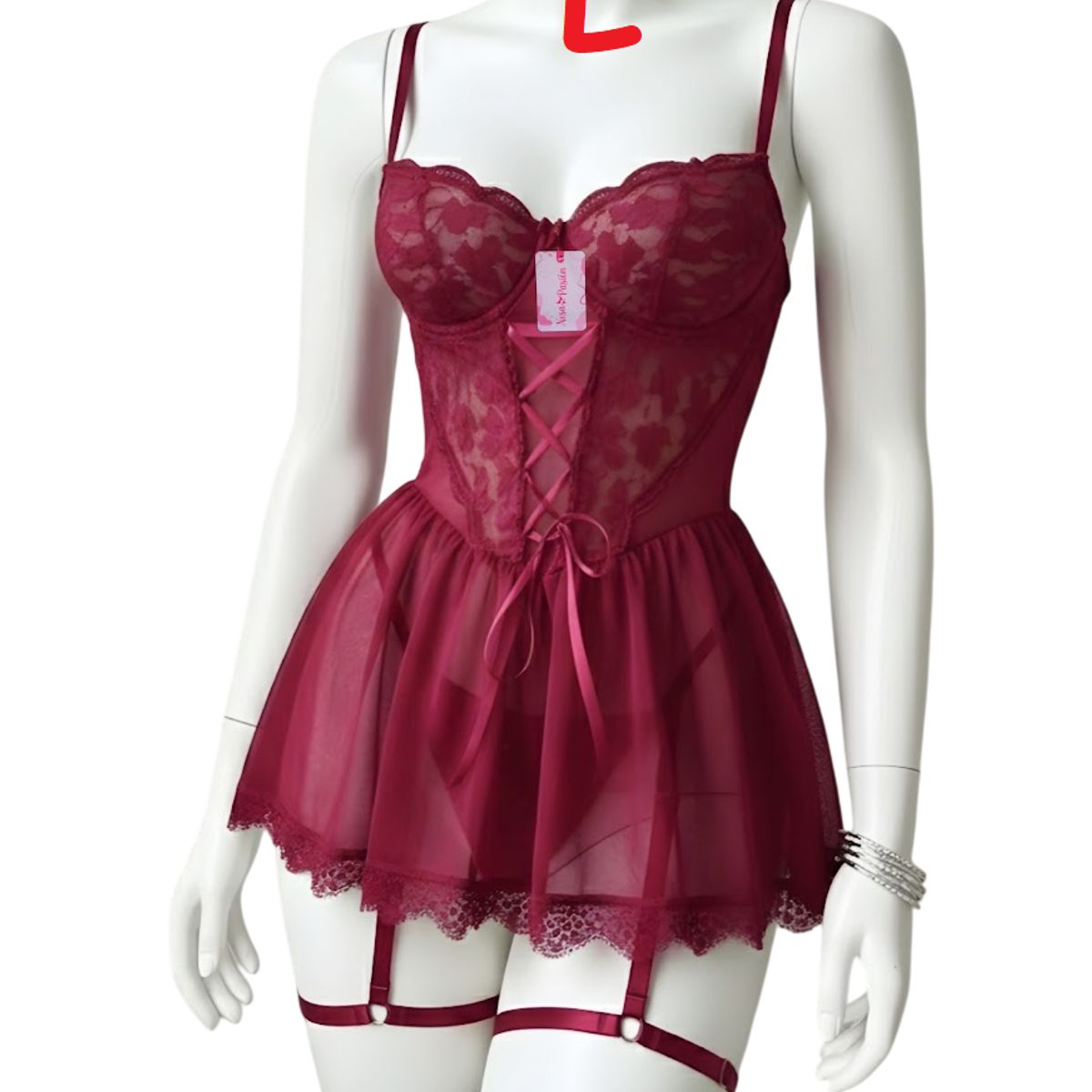 GENERICO - BABYDOLL DE ENCAJE LENCERÍA SEXY MUJER PORTALIGAS VINO TALLA L