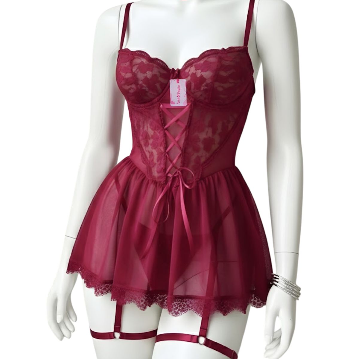 GENERICO - BABYDOLL DE ENCAJE LENCERÍA SEXY MUJER PORTALIGAS VINO TALLA S