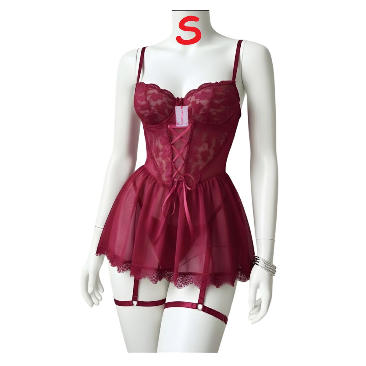 GENERICO - BABYDOLL DE ENCAJE LENCERÍA SEXY MUJER PORTALIGAS VINO TALLA S