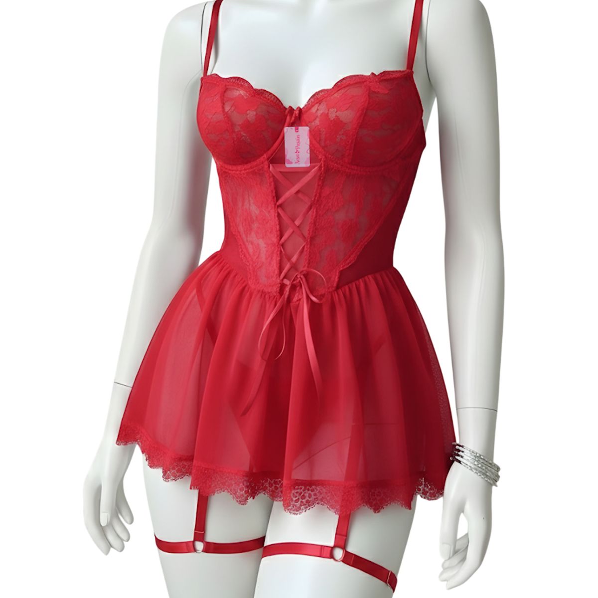 GENERICO - BABYDOLL DE ENCAJE LENCERÍA SEXY MUJER PORTALIGAS ROJO TALLA S