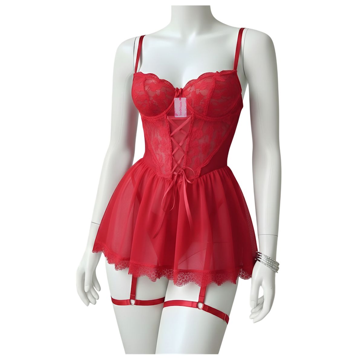 GENERICO - BABYDOLL DE ENCAJE LENCERÍA SEXY MUJER PORTALIGAS ROJO TALLA S