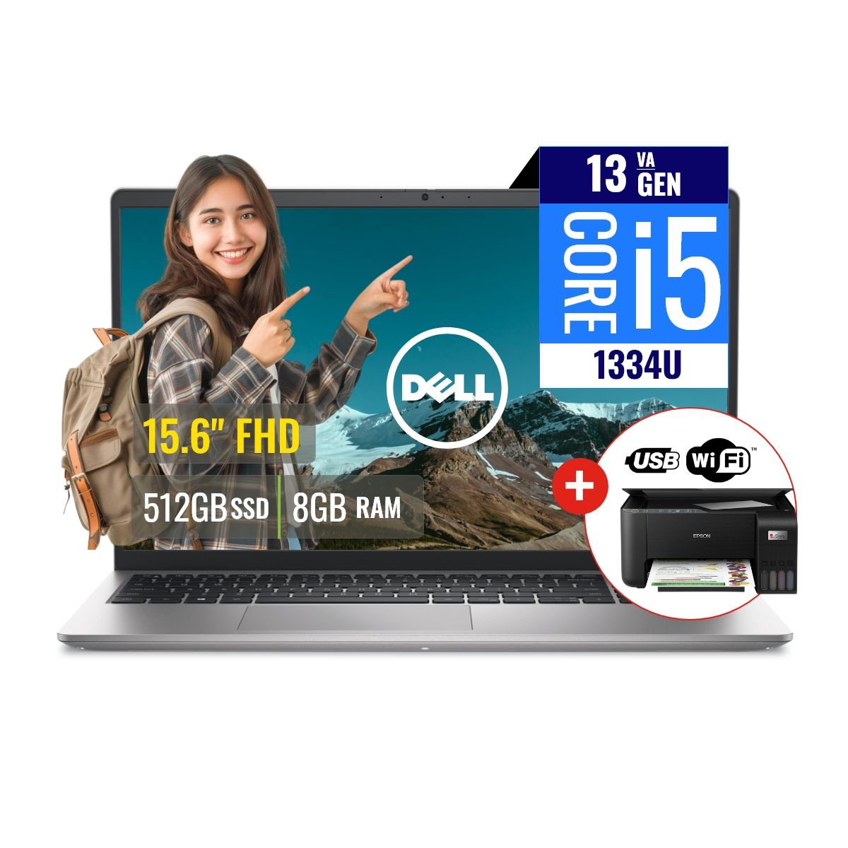 DELL - Combo Laptop Dell DC15250 Intel Core i5 8GB RAM 512GB SSD 15.6 FHD FreeDOS + Impresora L3250 con WiFi
