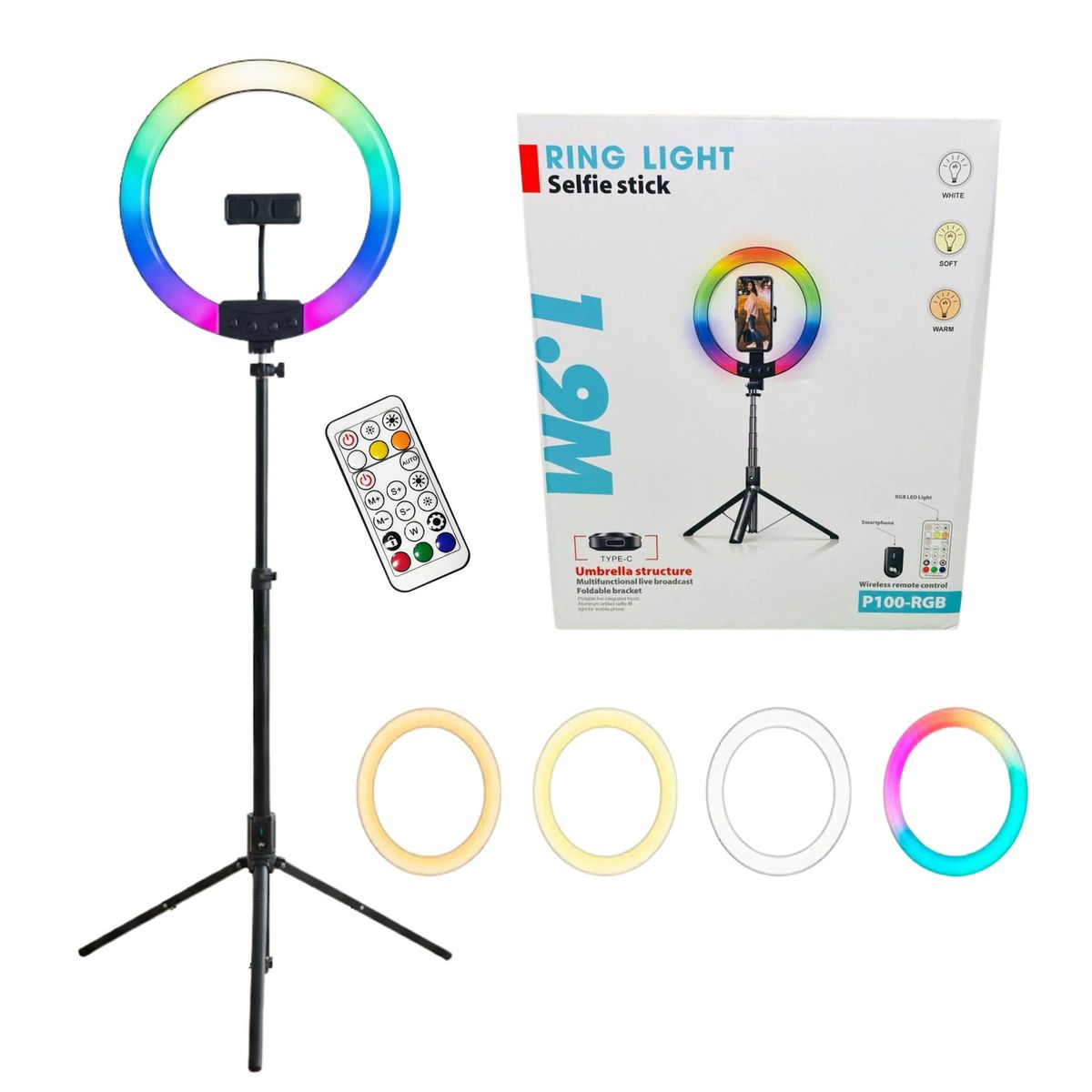 SEISA - Aro de Luz Led Recargable Tripode Selfie Stick 190cm Plegable Bluetooth Live Streaming