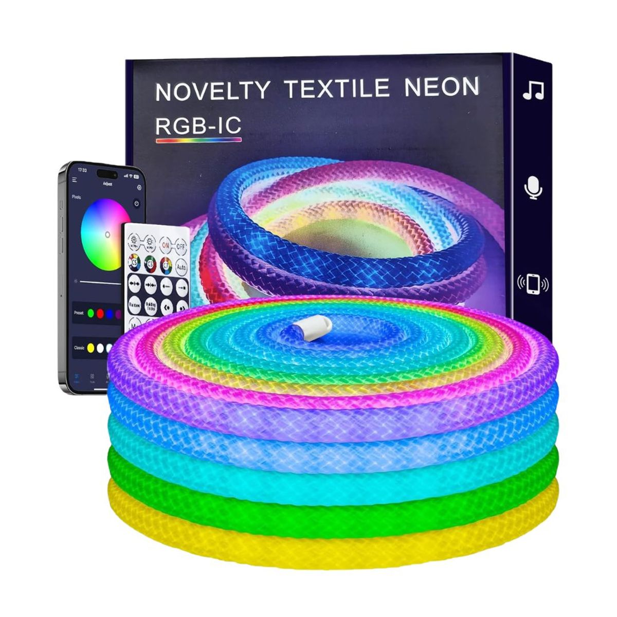 GENERICO - Tira LED Neón RGB-IC Textil 5 Metros con App y Control, Luces con Música y Millones de Colores USB