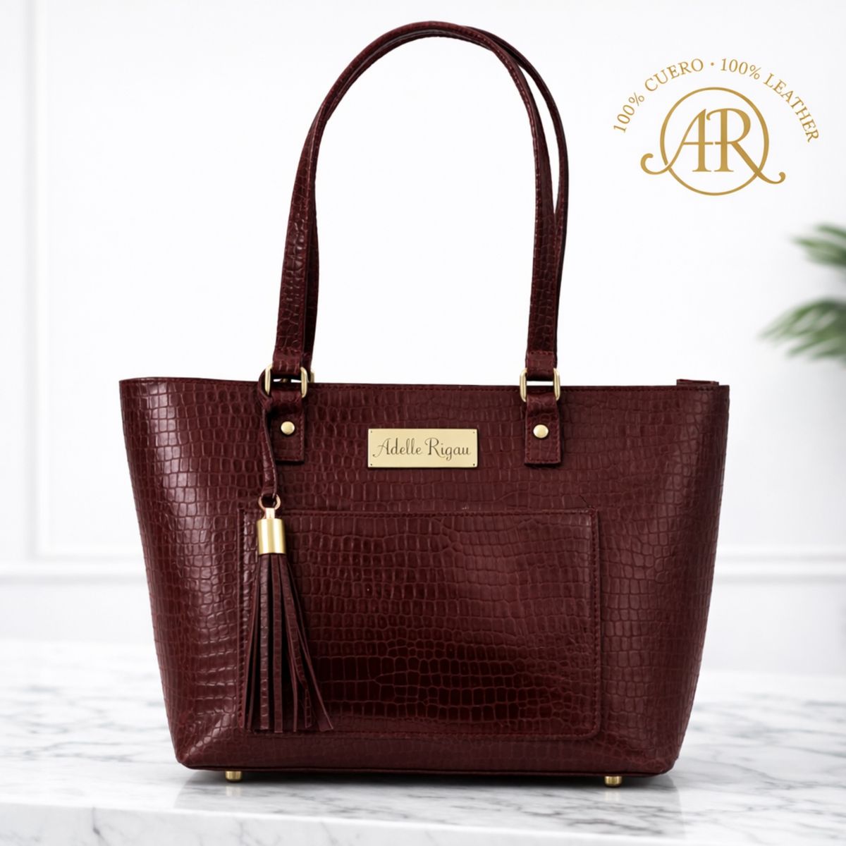 ADELLE RIGAU - CARTERA TOTE ROJO BURGUNDY VINO CROCO