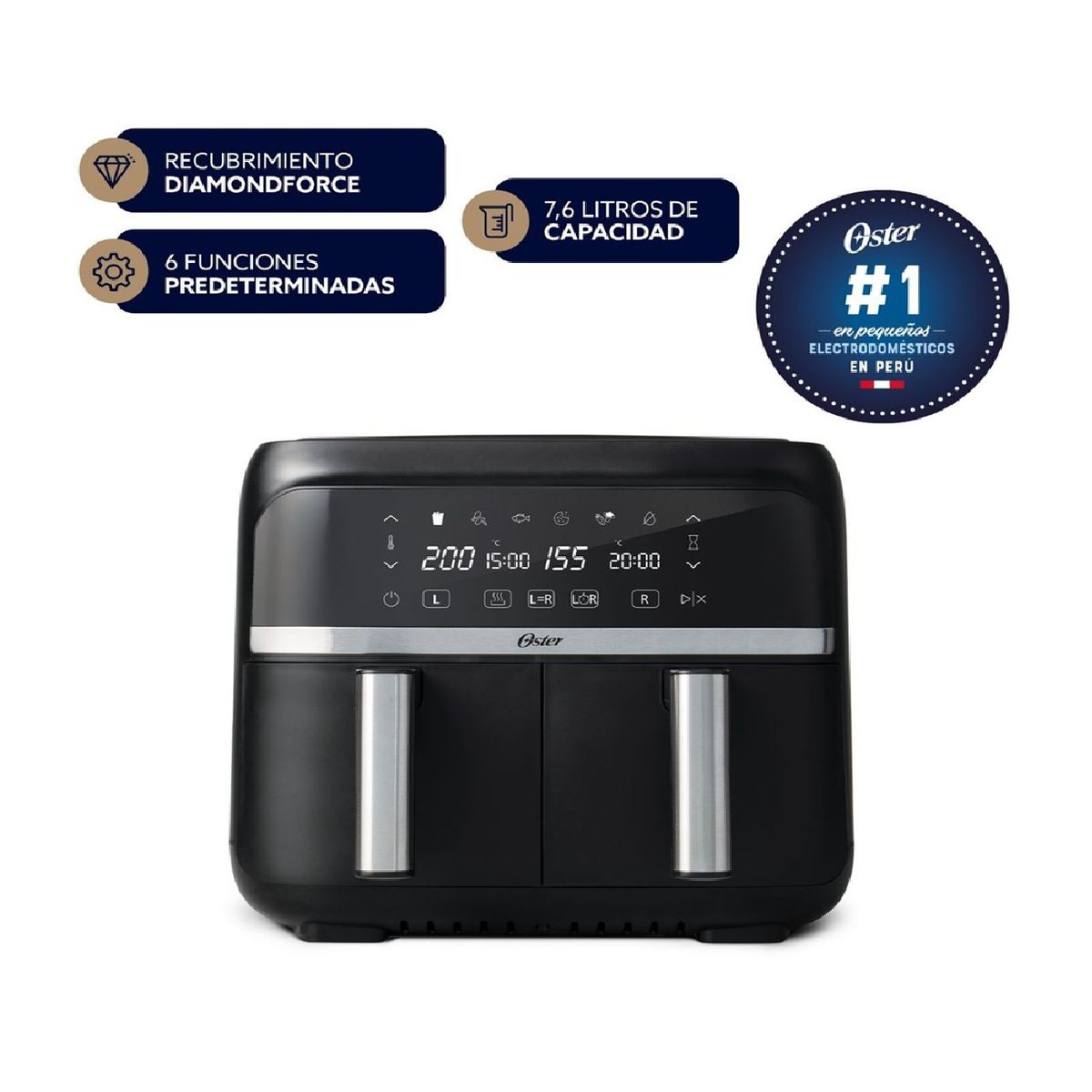 OSTER - FREIDORA DE AIRE DUAL OSTER CON RECUBRIMIENTO ANTIADHERENTE DIAMONDFORCE CKSTAF7MCDDF