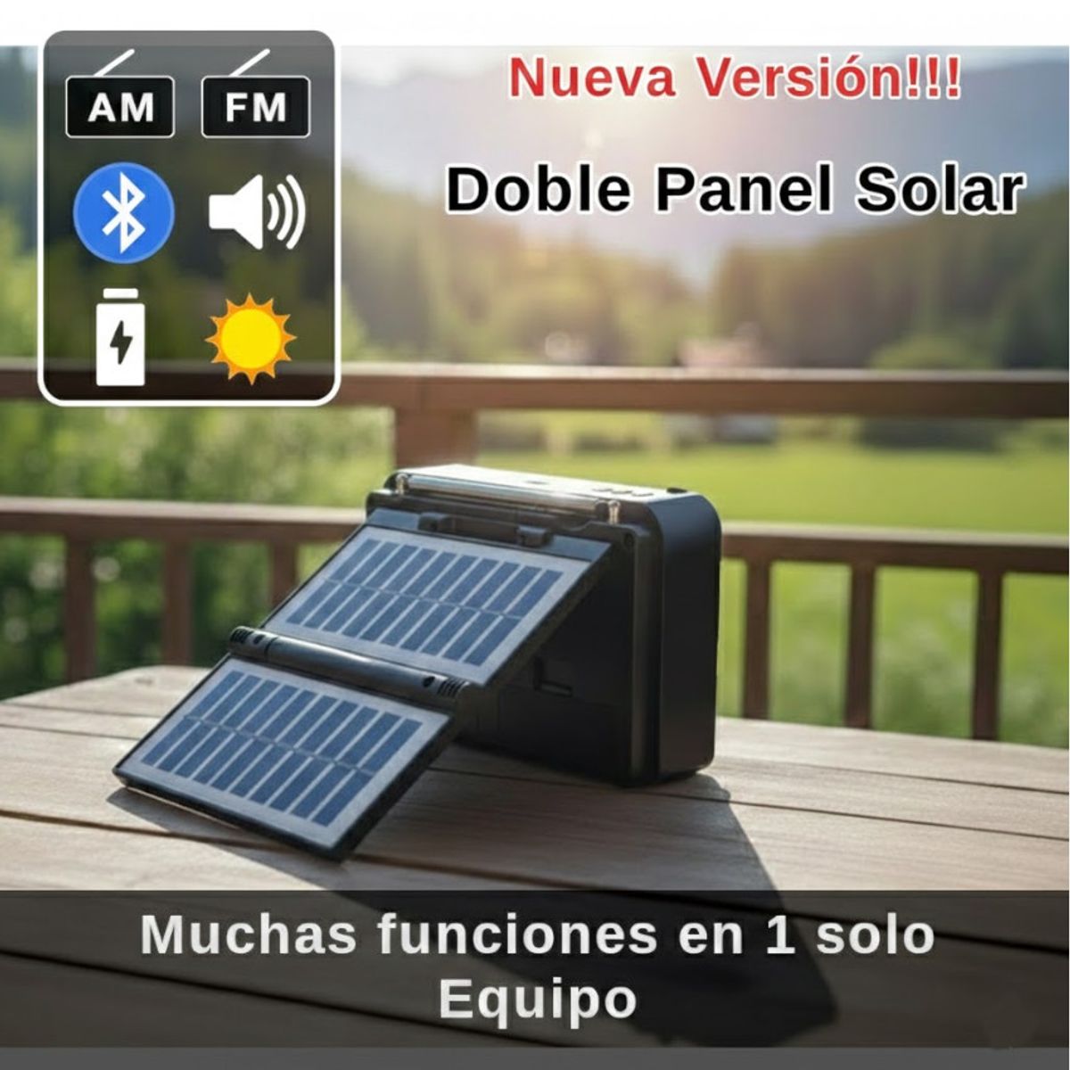GENERICO - Radio Solar Portátil Doble Panel Abatible Panel Solar Batería Incluida 18650