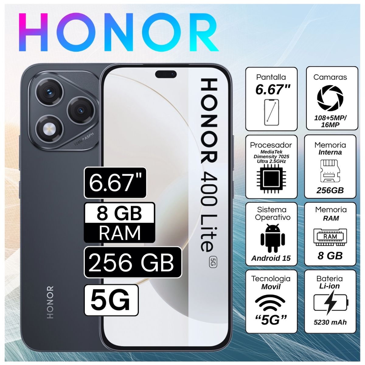 HONOR - Celular Honor 400 Lite 5G 8GB RAM 256GB 6.7"  Pulg. Android 15 - Negro