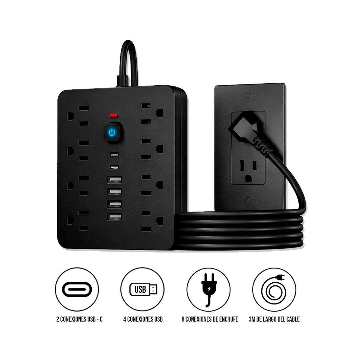 S&T - Multipuerto de carga 14en1 8AC 6USB 250V 3m PLS-141 Negro