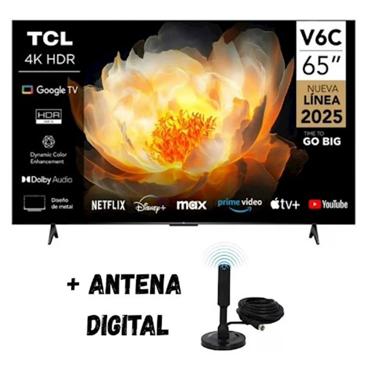 TCL - Televisor TCL 65” UHD 4K Google TV Smart TV 65V6C 2025 + Antena Digital