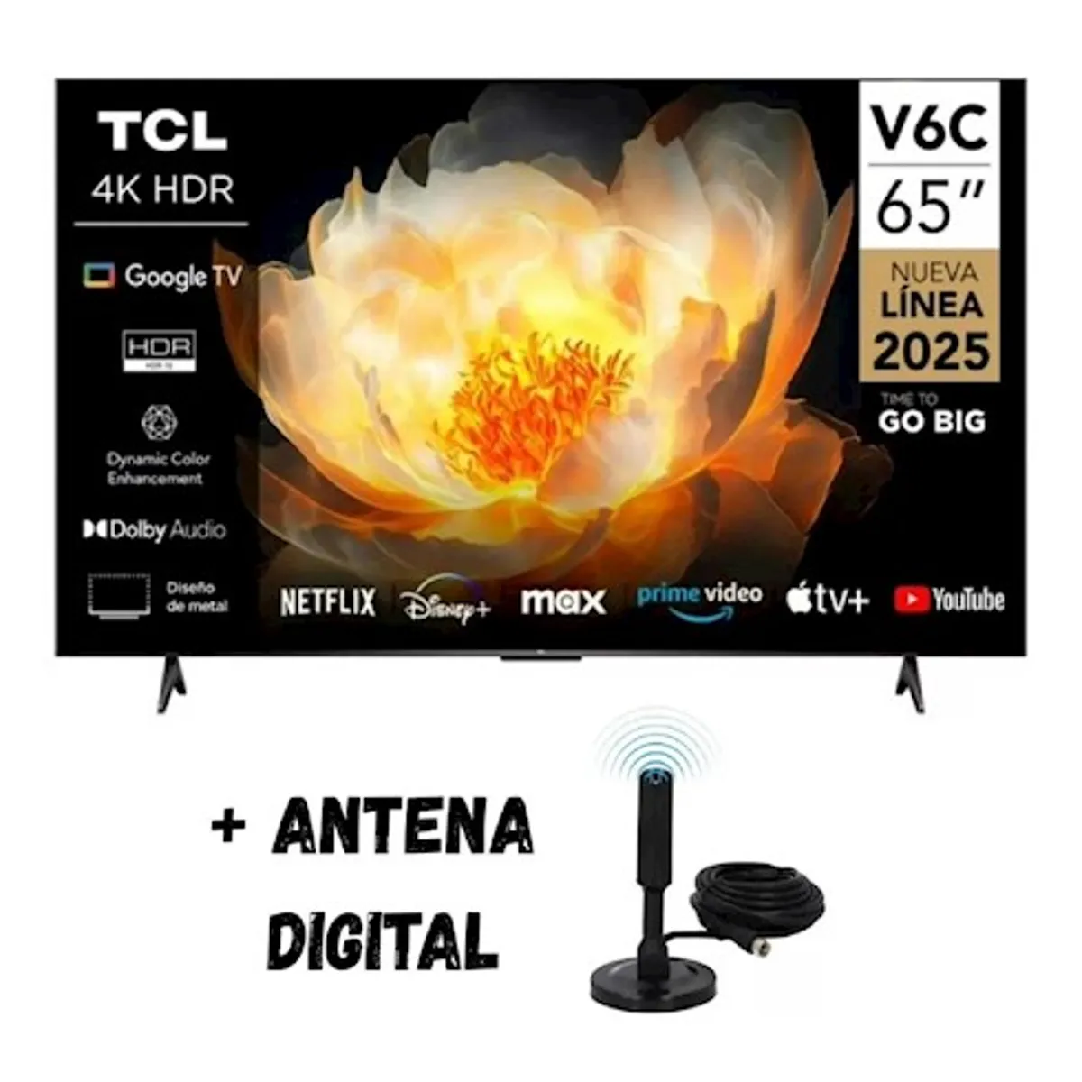TCL - Televisor TCL 65” UHD 4K Google TV Smart TV 65V6C 2025 + Antena Digital