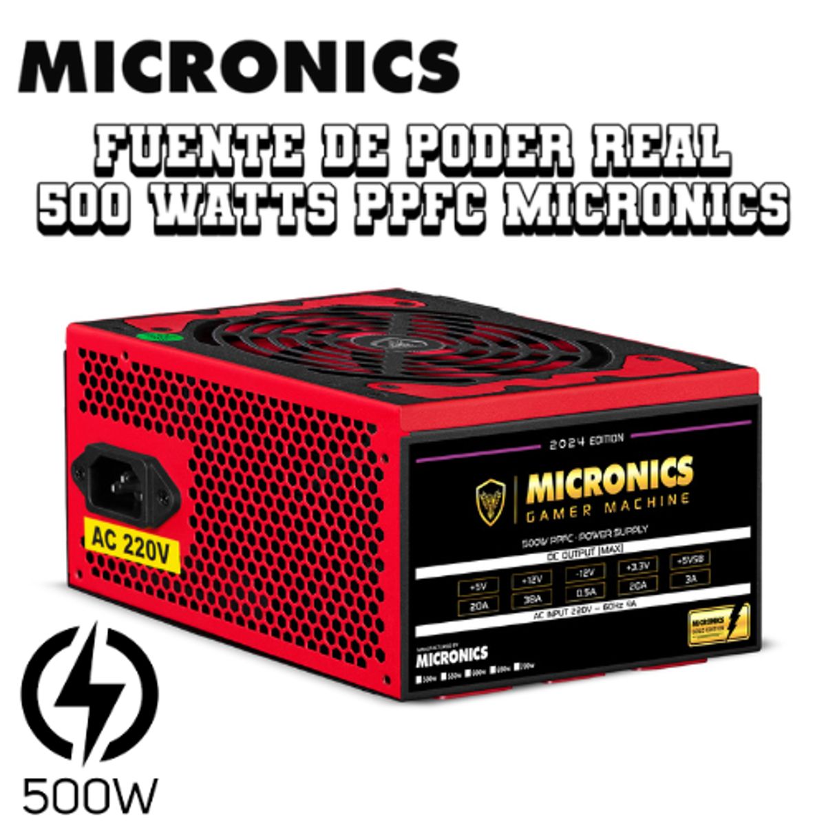 MICRONICS - Case Gamer de PC Levitron enc 3008 4 FAN black Con fuente de poder 500 watts