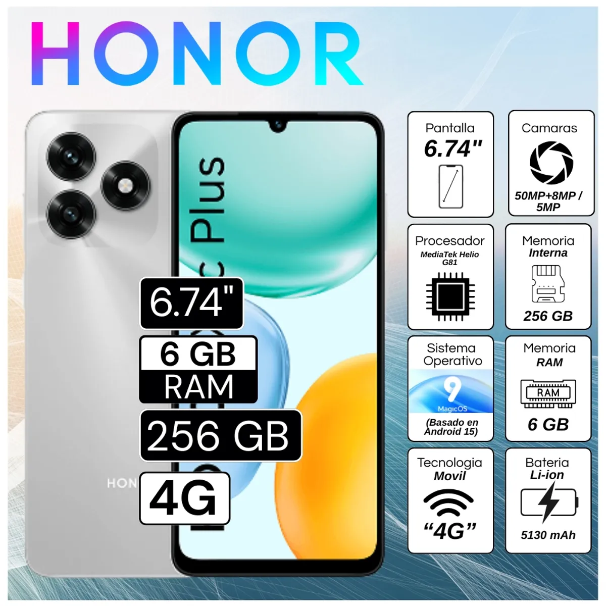 HONOR - Celular Honor X5C Plus 6.74"  Pulg. 6GB RAM 256GB MagicOS 9.0 - Plata Meteoro