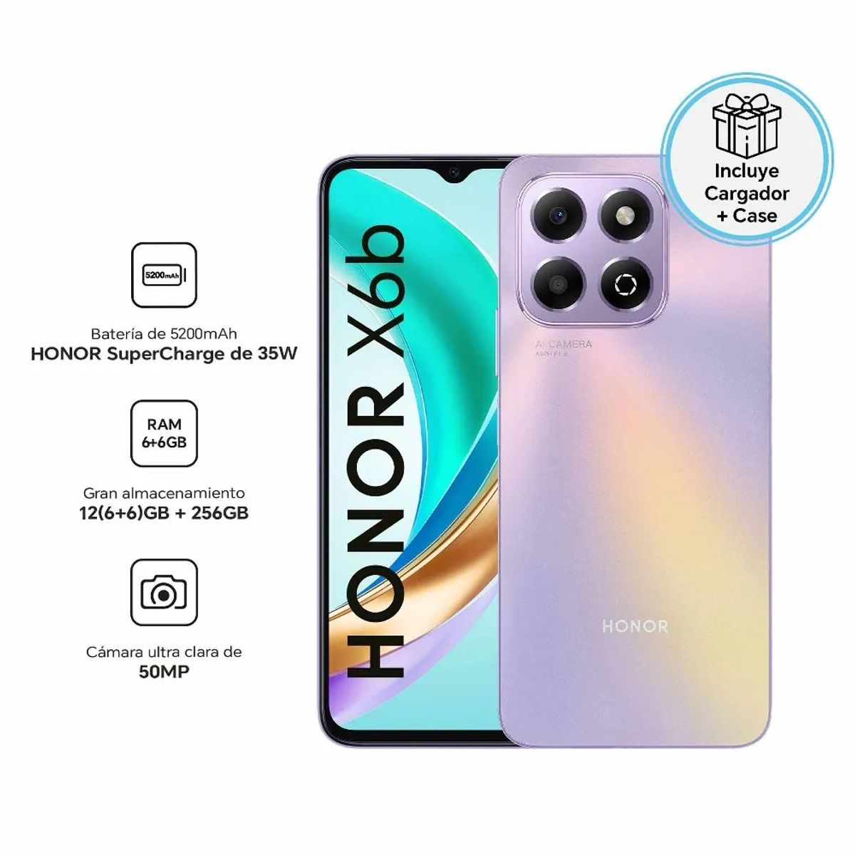 HONOR - Celular Honor X6B 6.56"  Pulg. 6GB RAM 256GB RAM MagicOS 8.0 - Morado Estelar