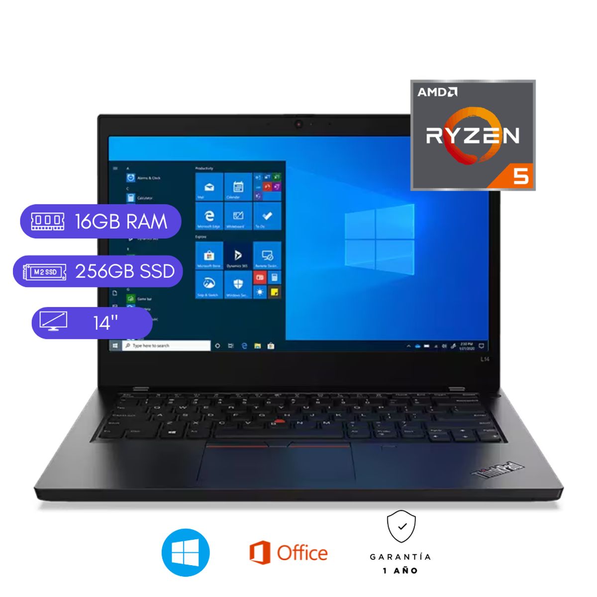 LENOVO - Laptop Reacondicionada Lenovo Thinkpad L14 - Ryzen 5 - 16GB RAM - 256GB SSD - Negro