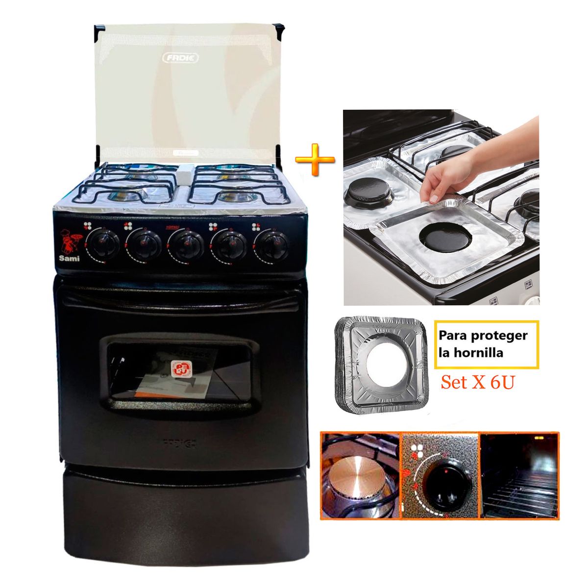 FADIC - Cocina Fadic con tapa de vidrio y horno sami 4h Negro  +Protector