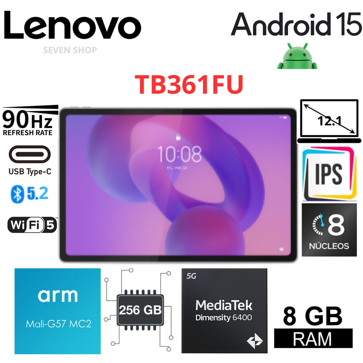 LENOVO - Lenovo Idea Tab Plus TB361FU 12.1" 2.5K 256GB 8GB RAM WiFi Gris – Android 15