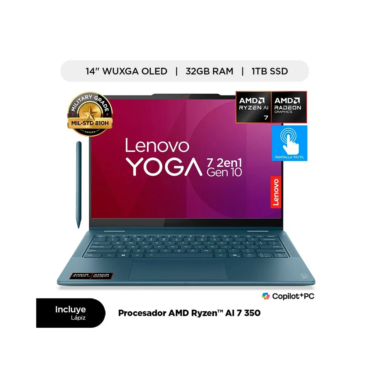 LENOVO - Laptop Lenovo Yoga 7 2 en 1 14" OLED touch AMD Ryzen AI 7 350 32GB DDR5 1TB SSD, Free DOS, Lápiz