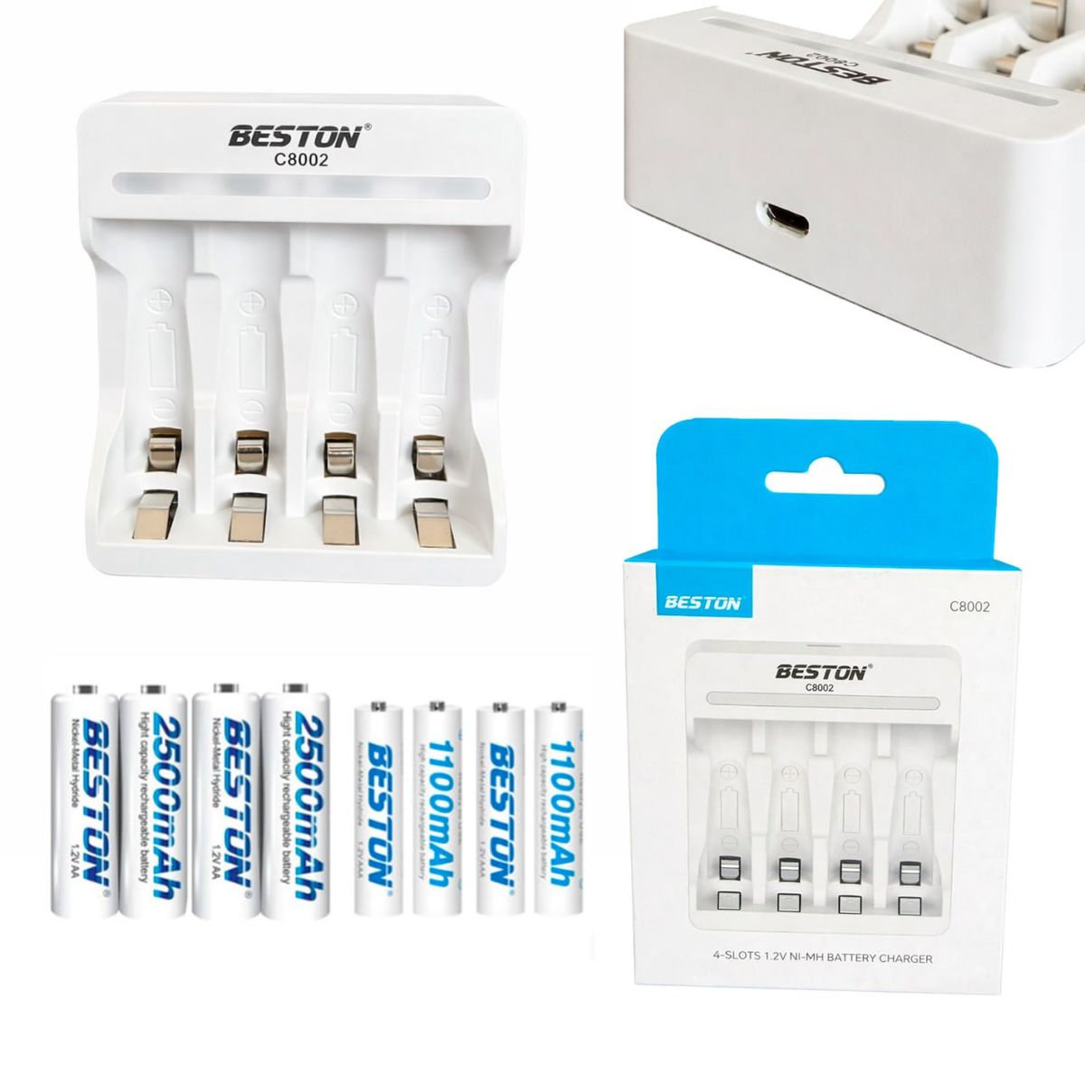 BESTON - Cargador Inteligente de Pilas + 4 AA y 4 AAA Ni-MH 4 puestos