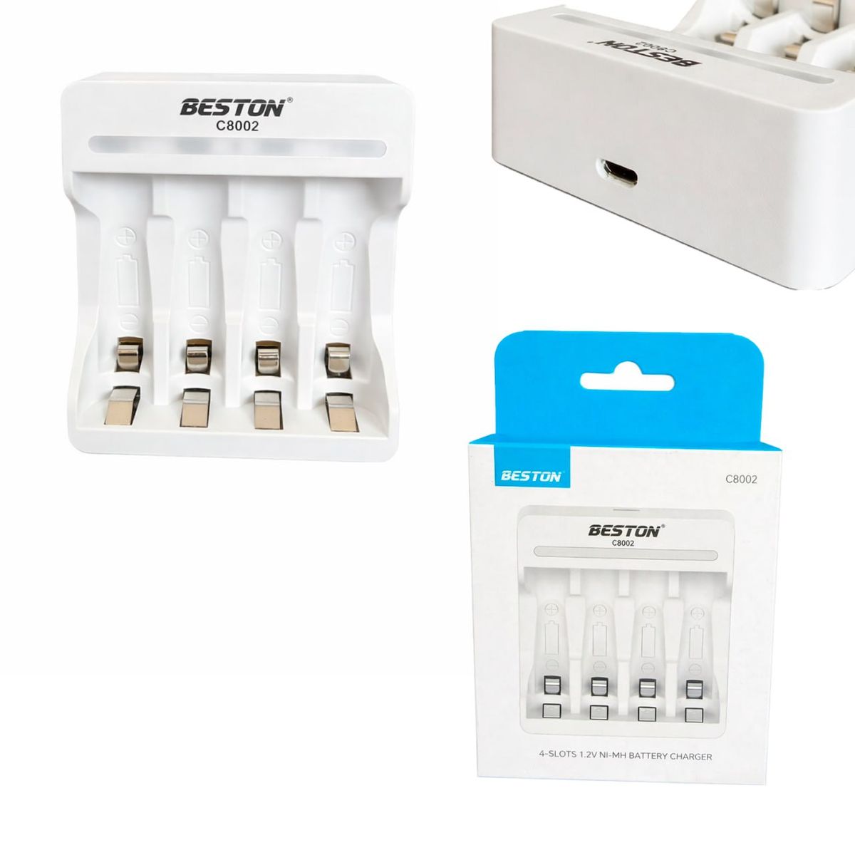 BESTON - Cargador Inteligente de Pilas + 4 AA y 4 AAA Ni-MH 4 puestos