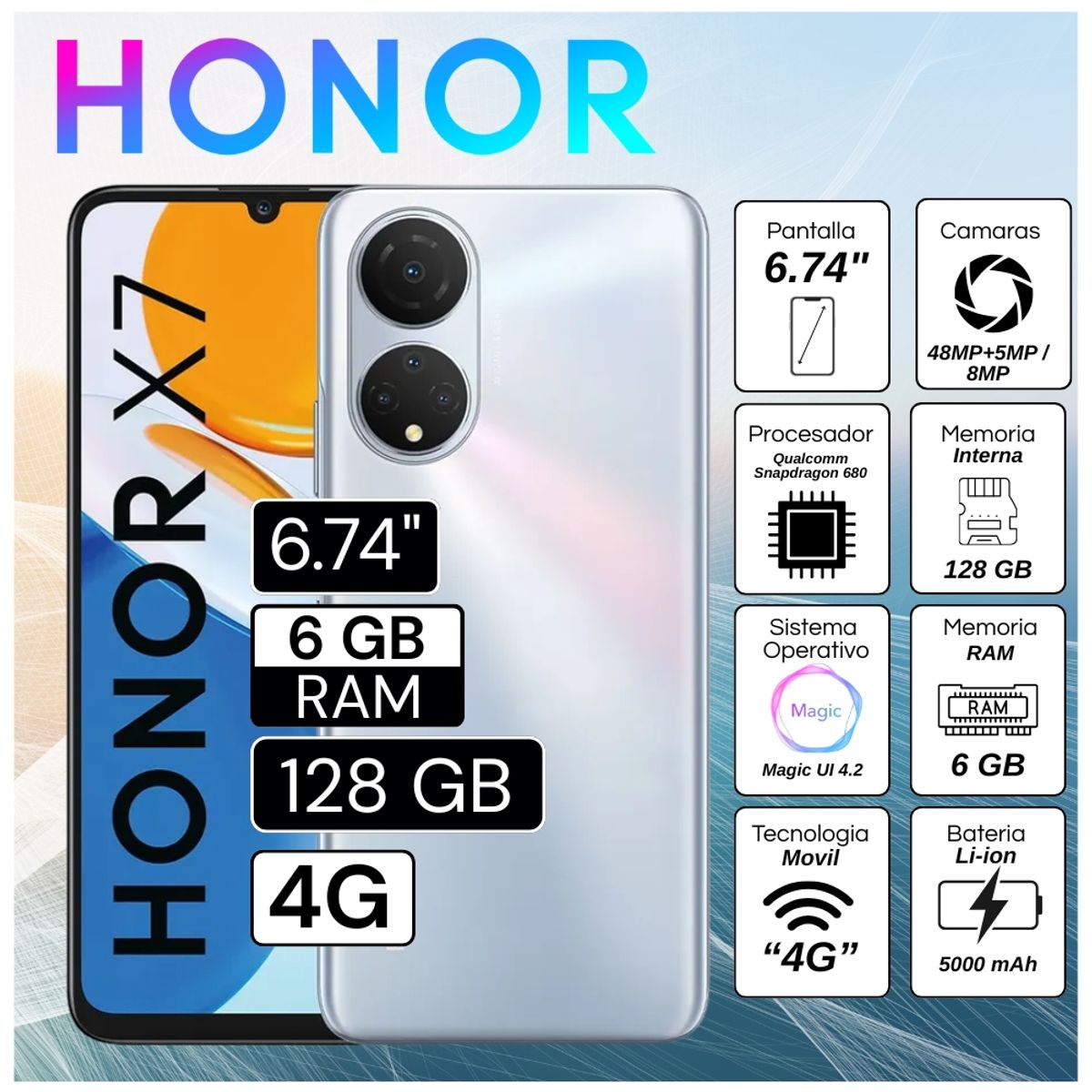 HONOR - Celular Honor X7 6.74"  Pulg. 6GB RAM 128GB RAM Magic UI 4.2 - Titanium Silver