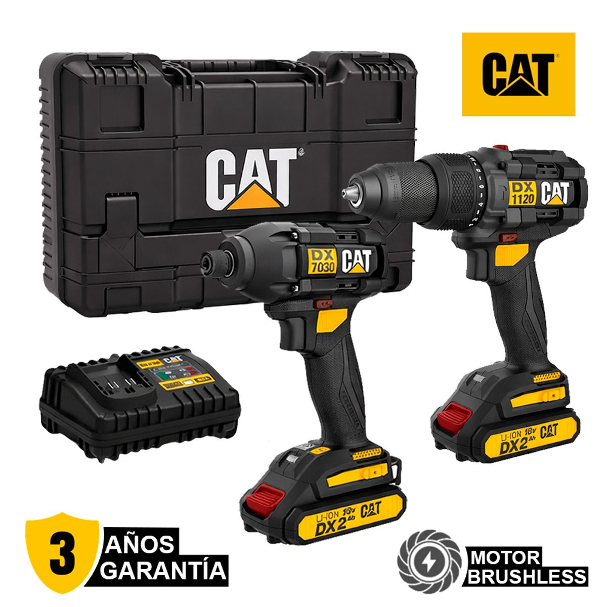 CAT - Combo 18V Taladro Percutor 1  /  2'' + Atornillador de Impacto 1  /  4'' CAT DXK201 Brushless