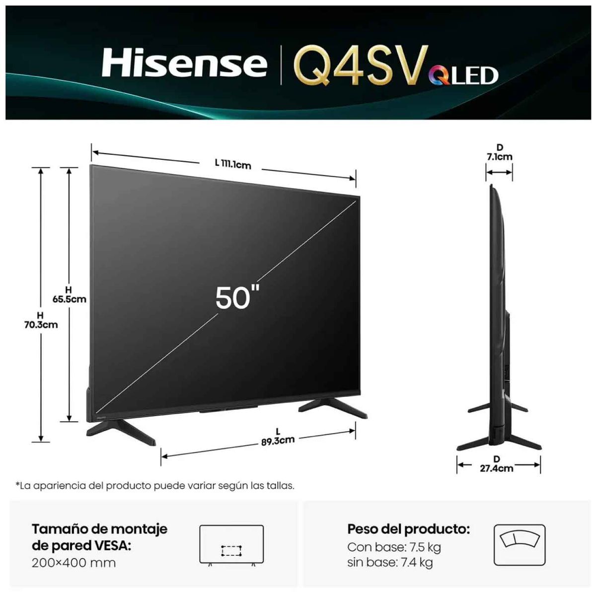 HISENSE - Televisor Hisense 50 Qled Smart FHD 50Q4SV