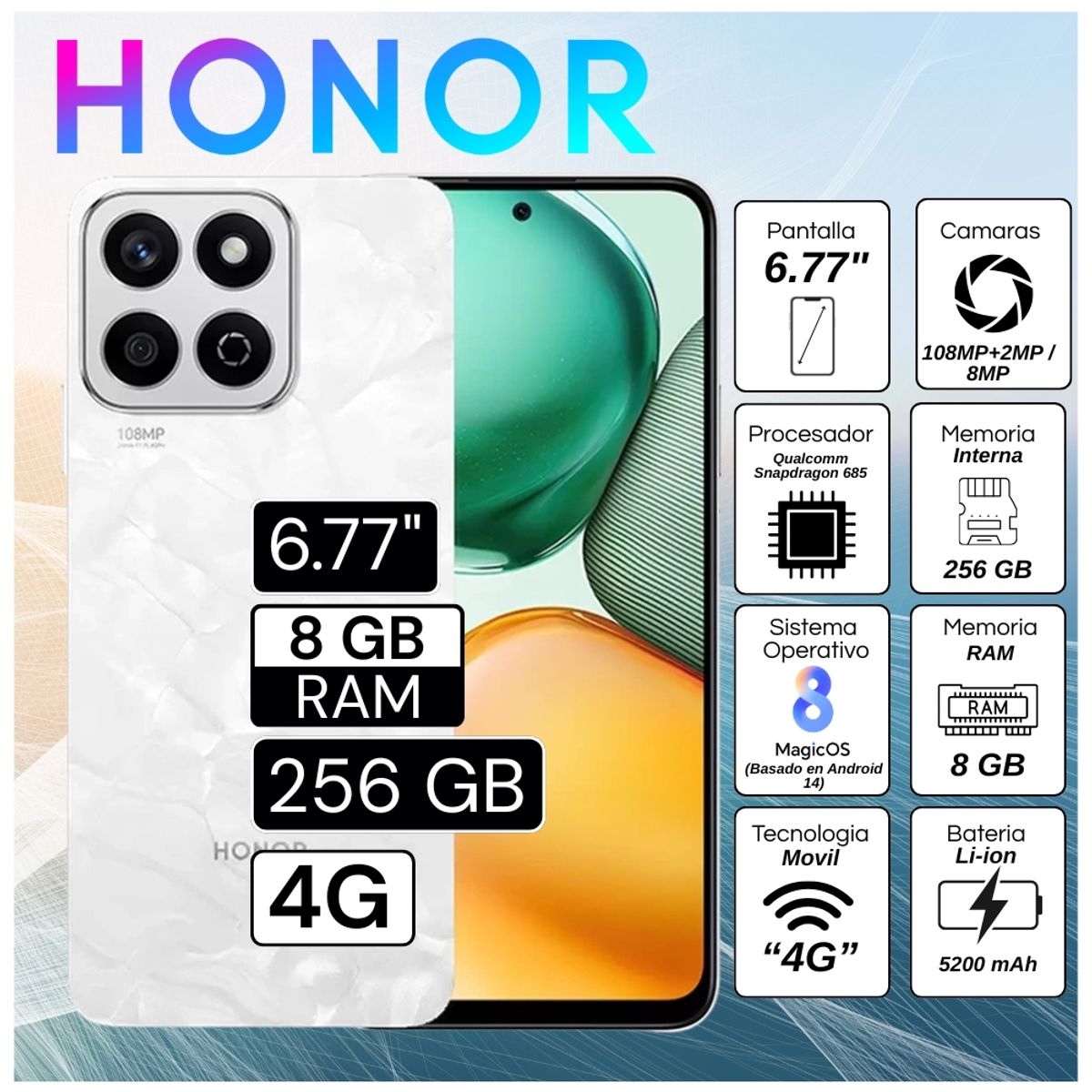 HONOR - Celular Honor X7C 6.77"  Pulg. 8GB RAM 256GB RAM MagicOS 8.0 - Blanco lunar