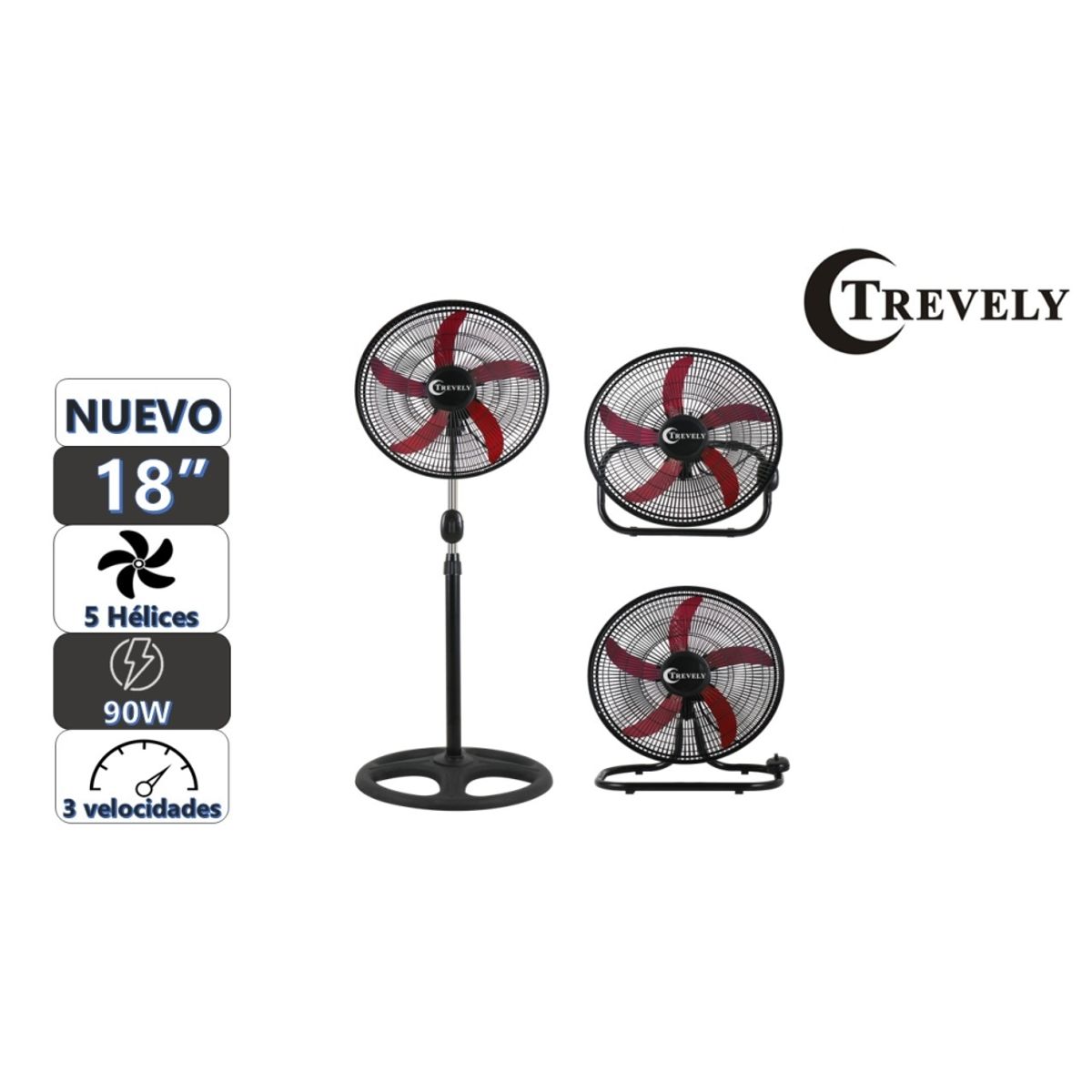 TREVELY - Ventilador 3 en 1  18" TREVELY VT-1832 - 90W - rojo