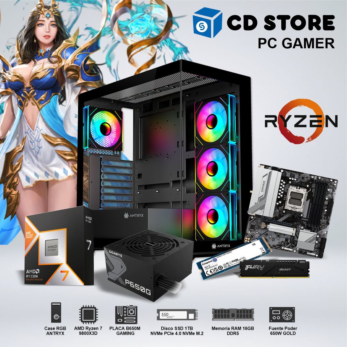 AMD - PC Gamer - RYZEN 7  9800X3D, RAM 16GB SSD 1TB CASE RGB FUENTE GOLD 650W