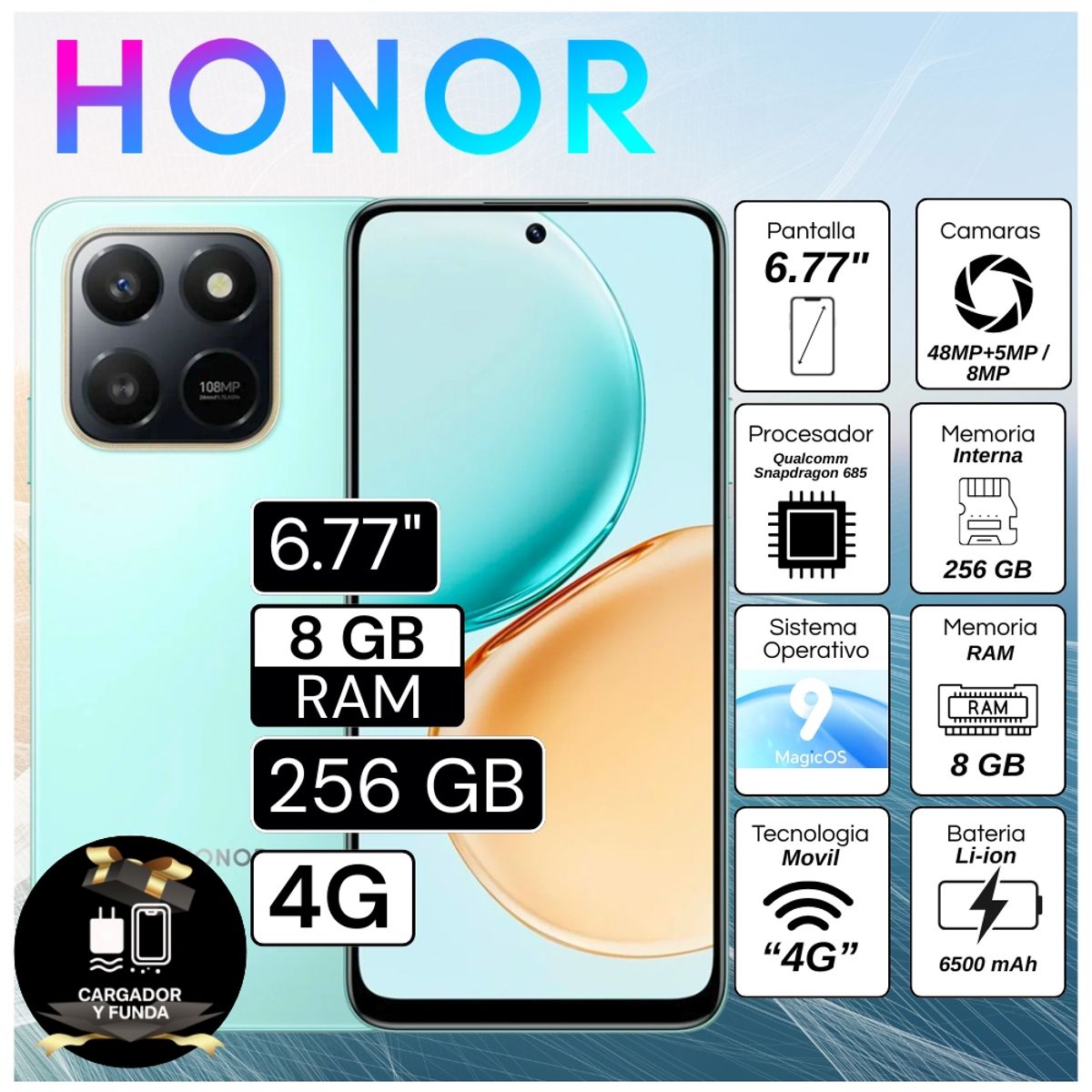 HONOR - Celular Honor X7D 6.77"  Pulg. 8GB RAM 256GB RAM MagicOS 9.0 - Azul Cian