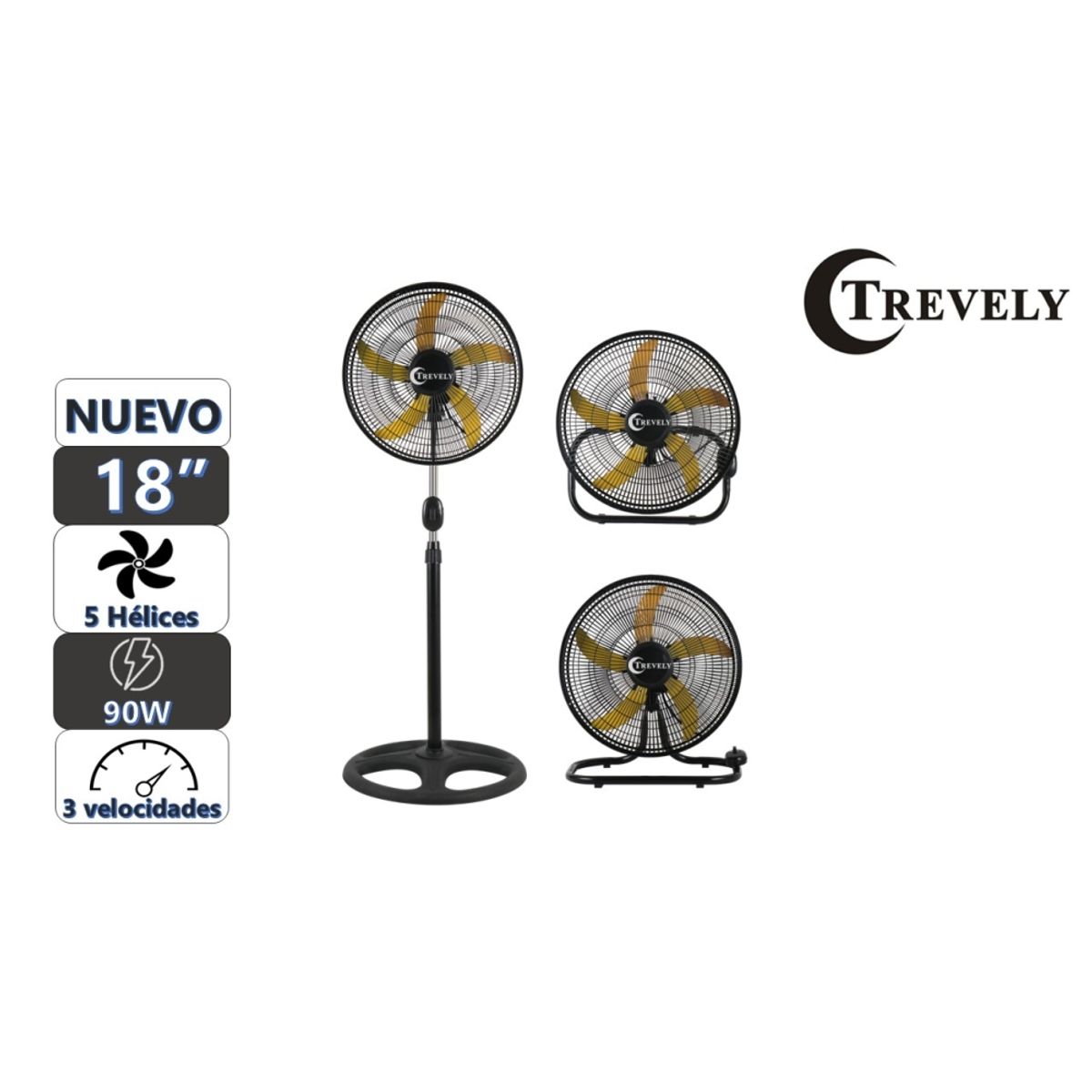 TREVELY - Ventilador 3 en 1  18" TREVELY VT-1832 - 90W - amarillo