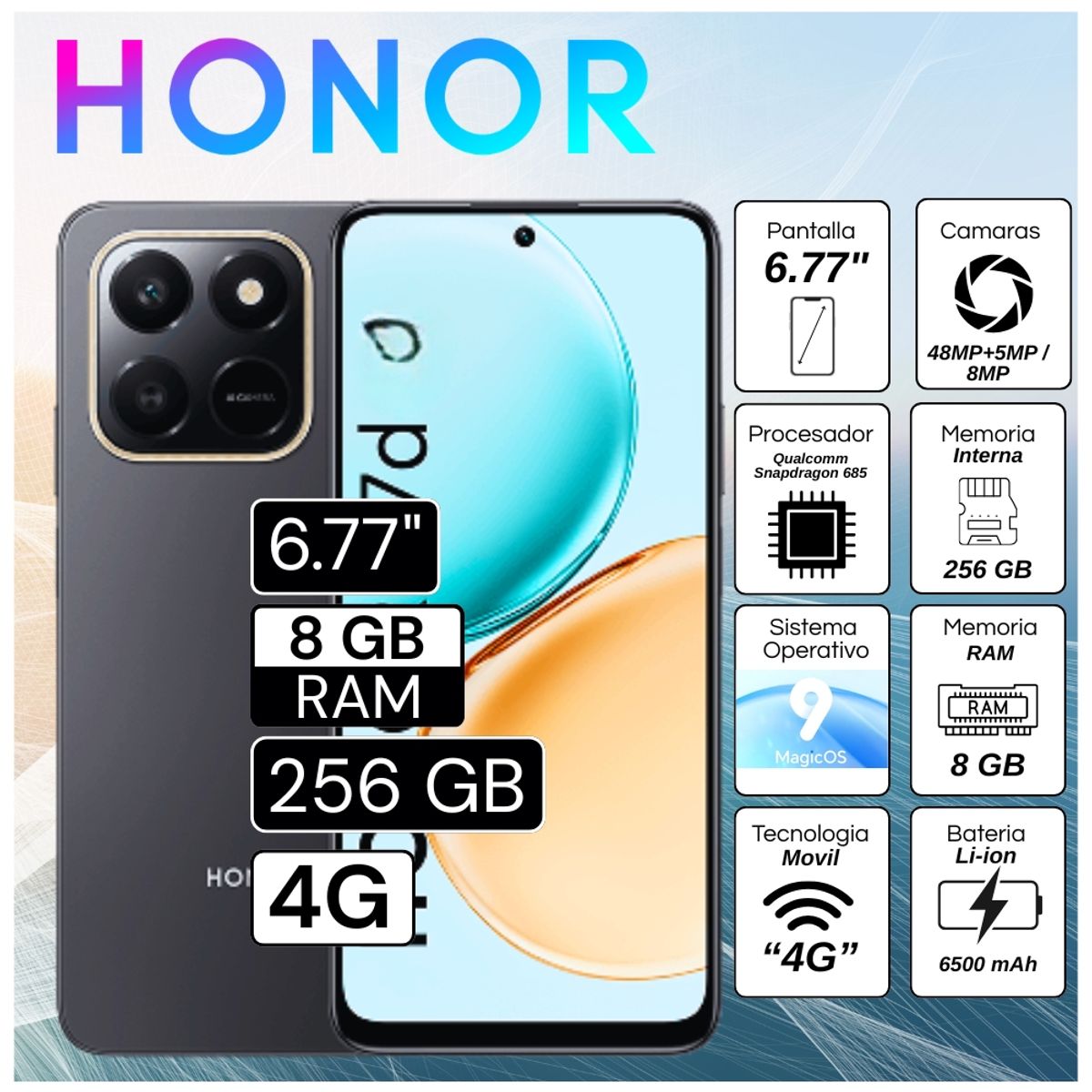 HONOR - Celular Honor X7D 6.77"  Pulg. 8GB RAM 256GB RAM MagicOS 9.0 - Negro Nocturno