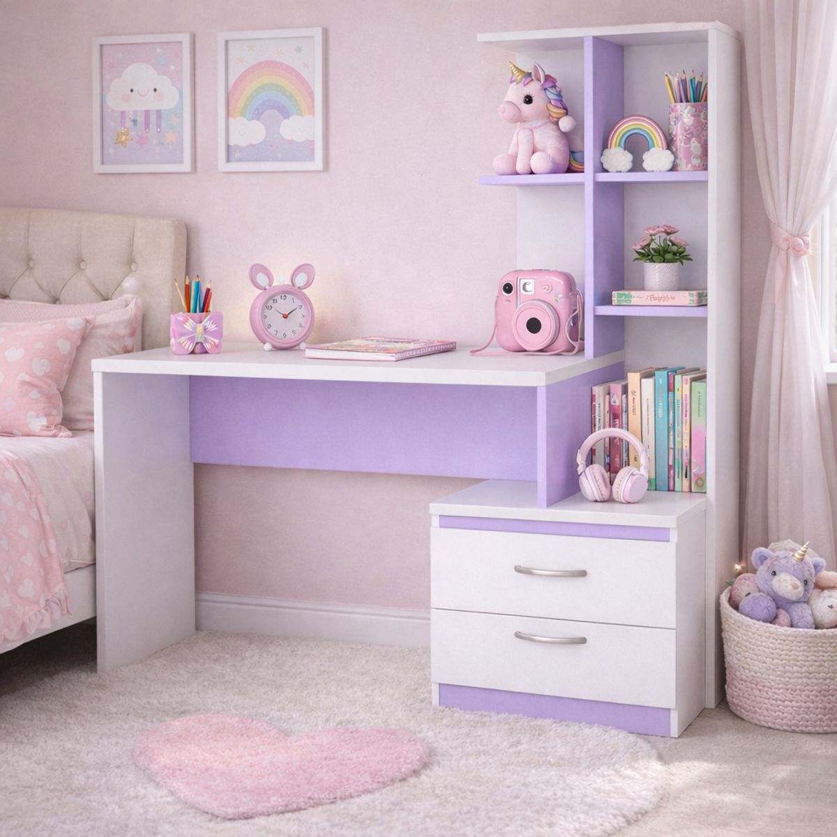 GENERICO - Escritorio con Estante Ensueño de Melamina  Compacto V2 Blanco Lila