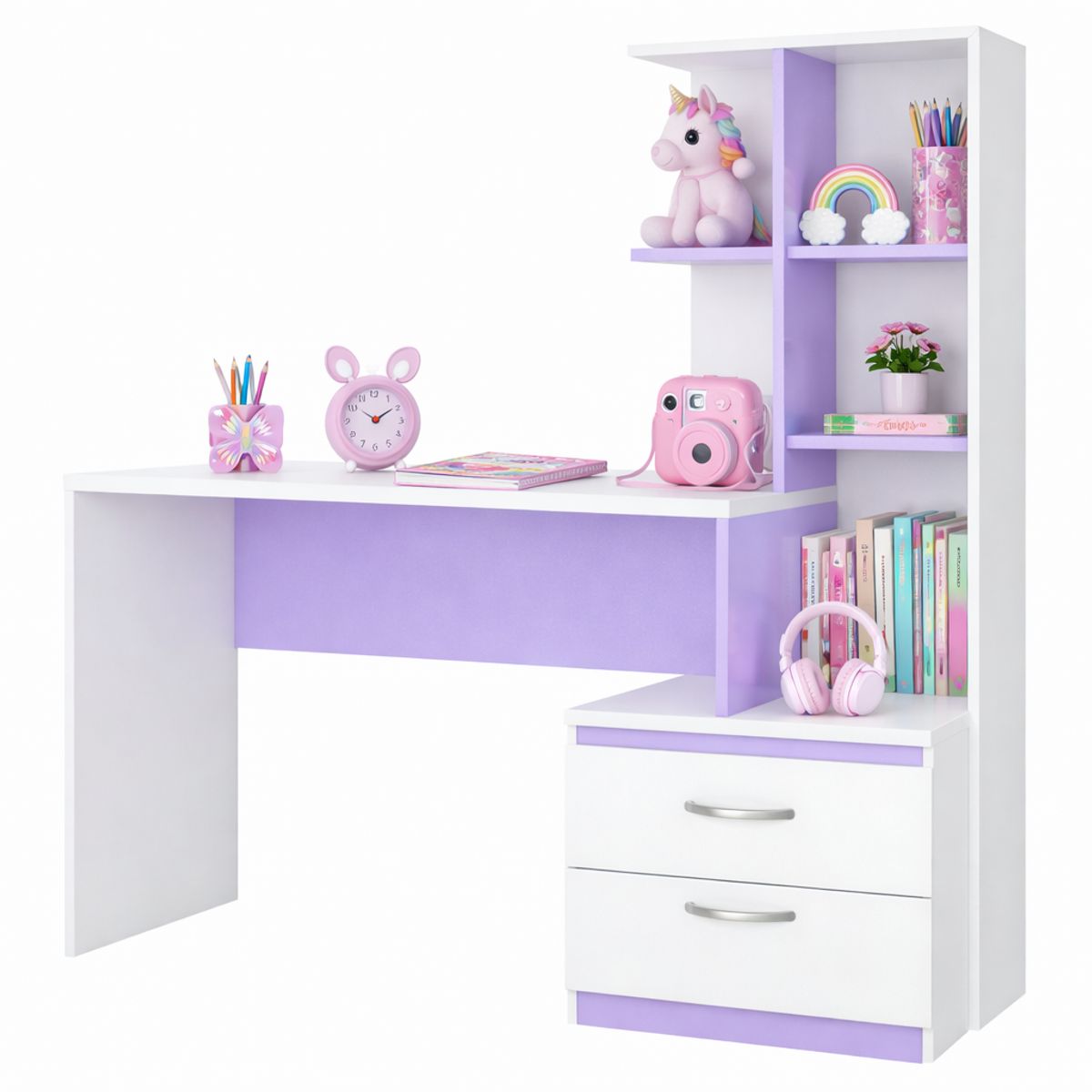 GENERICO - Escritorio con Estante Ensueño de Melamina  Compacto V2 Blanco Lila