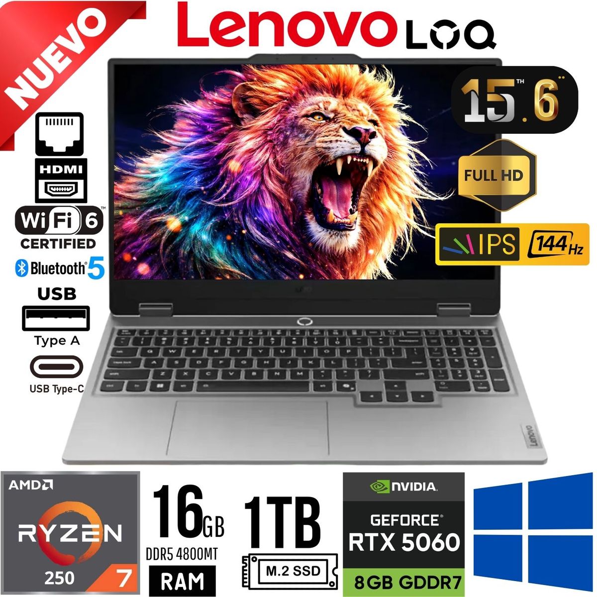 LENOVO - Laptop Lenovo LOQ 15 15ARP10  Ryzen 7 250 Ram 16Gb 1Tb SSD RTX 5060 8Gb 15.6"FHD FreeDos
