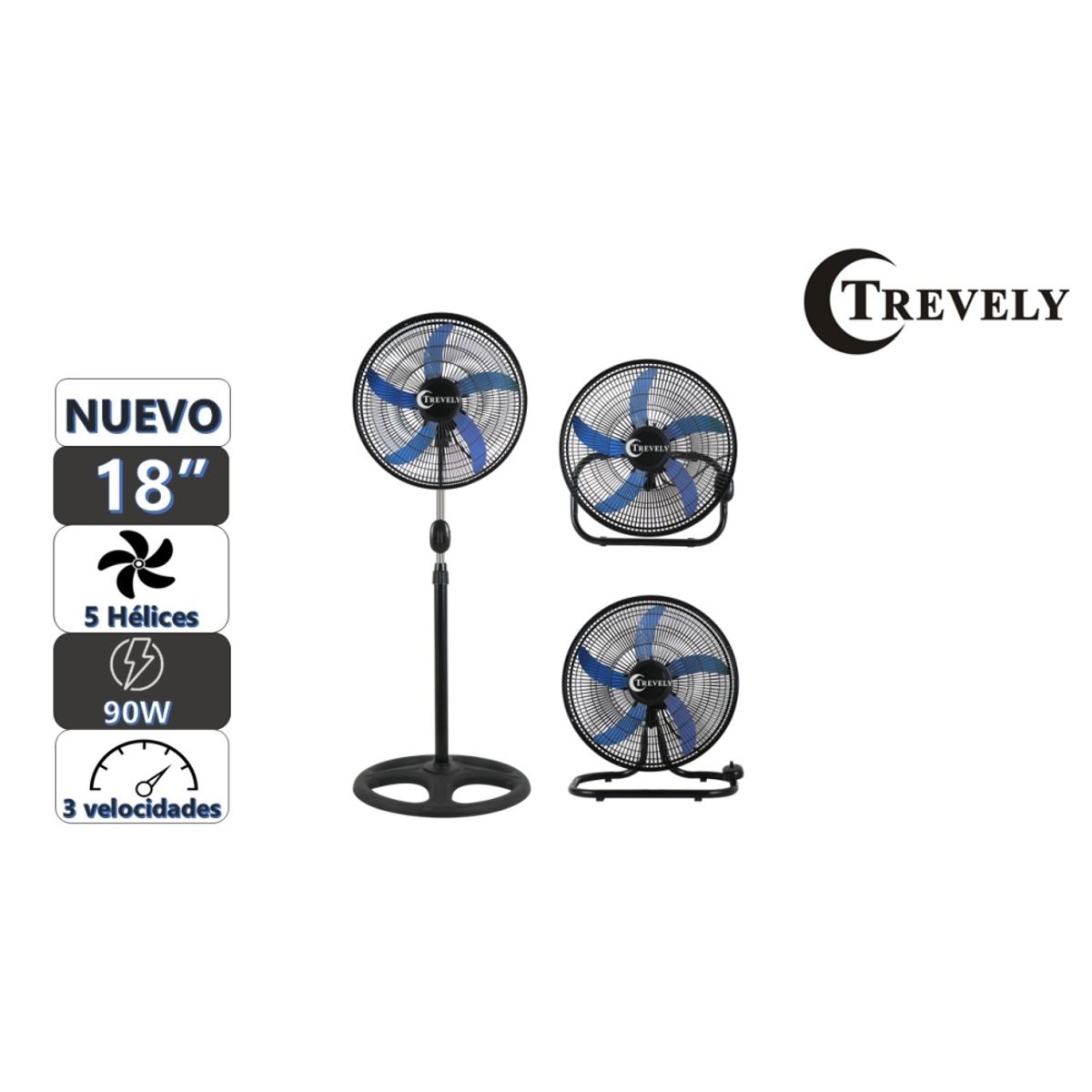 TREVELY - Ventilador 3 en 1  18" TREVELY VT-1832 - 90W - azul