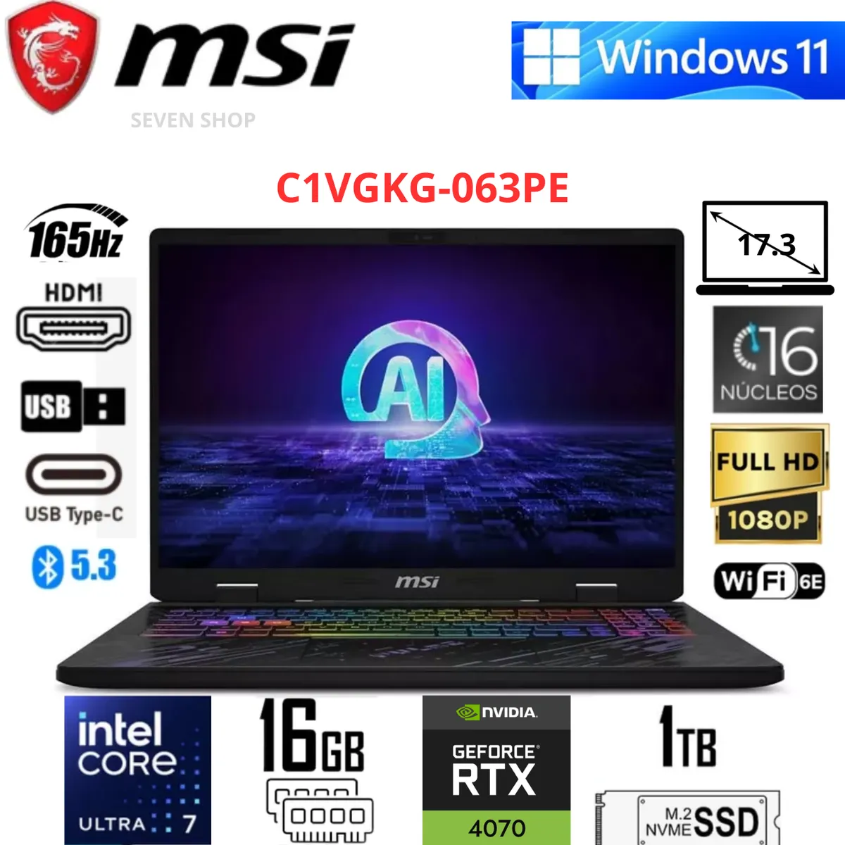 Msi - MSI 17.3" FHD 165Hz Intel Core Ultra 7 155H 16GB RAM 1TB SSD RTX 4070 8GB Negro – Windows 11 Home
