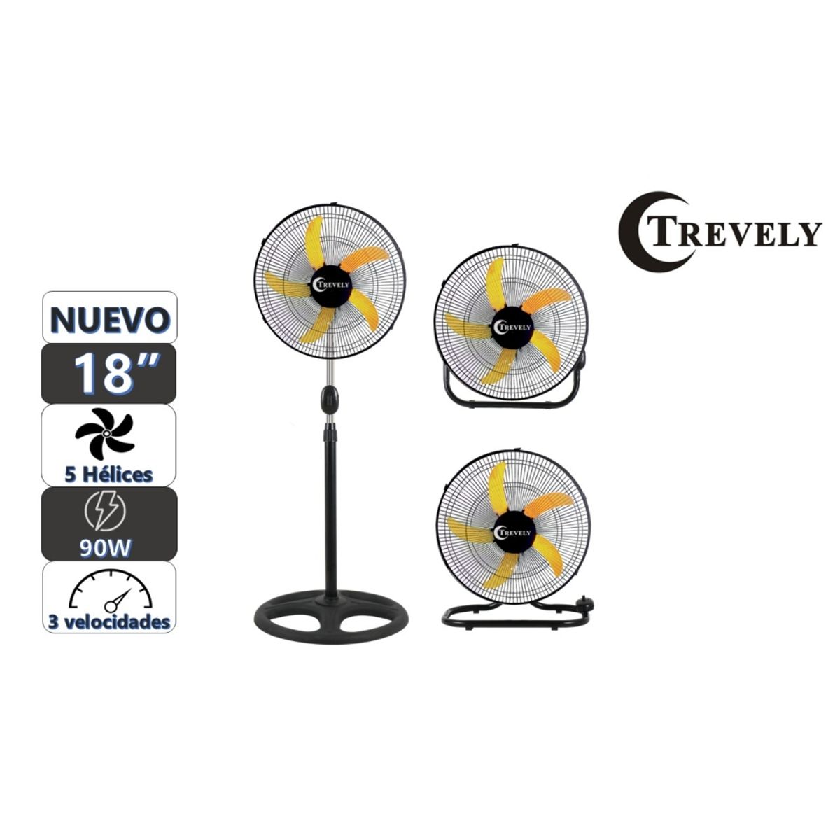 TREVELY - Ventilador 3 en 1  18" TREVELY VT-1834 - 90W - amarillo