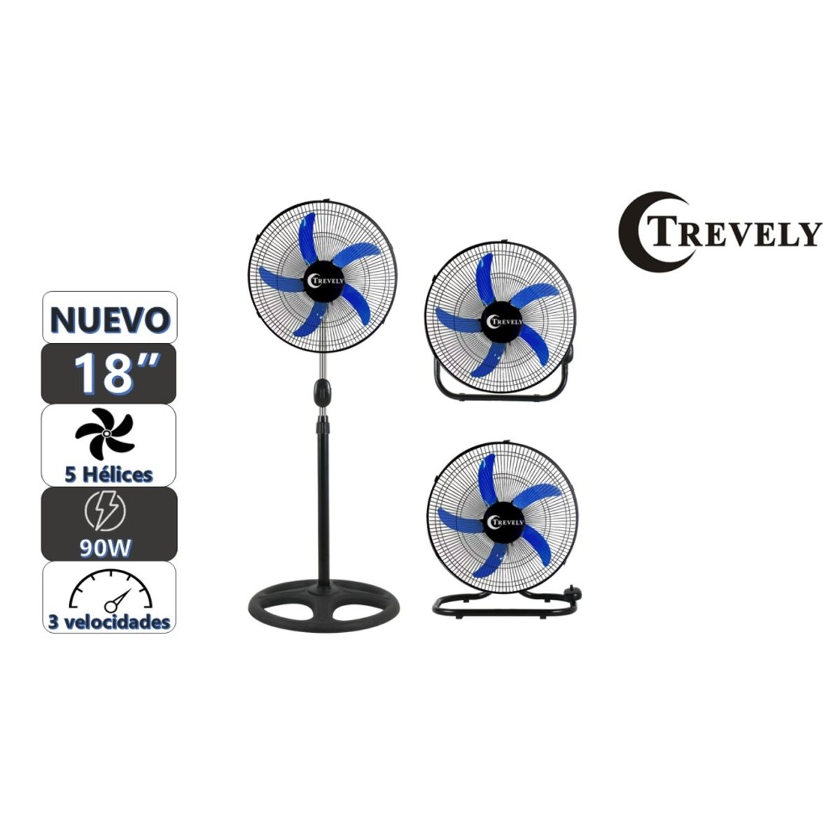 TREVELY - Ventilador 3 en 1  18" TREVELY VT-1834 - 90W - azul