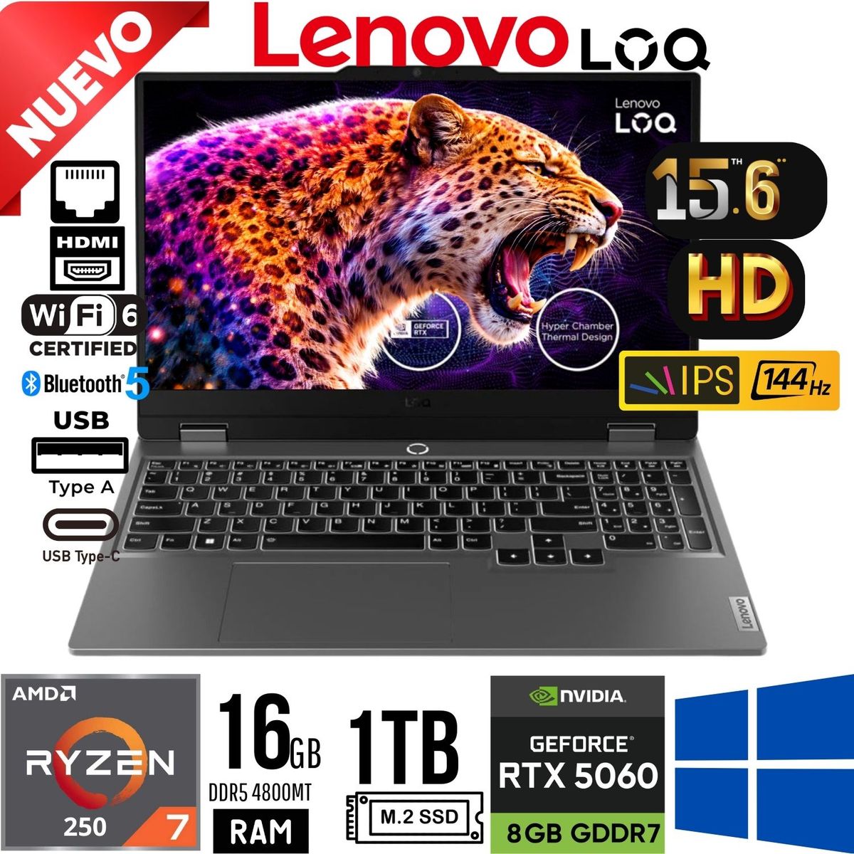 LENOVO - Laptop Lenovo LOQ 15 15ARP10  Ryzen 7 250 Ram 16Gb 1Tb SSD RTX 5060 8Gb 15.6"FHD FreeDos